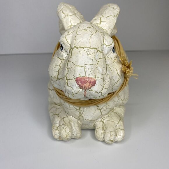 Farmhouse Easter Bunny Rabbit Figure White Antique Crackle Finish Spring Decor - Picture 3 of 12